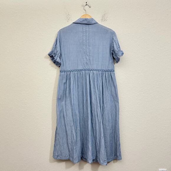 PILCRO ANTHROPOLOGIE Flowy Shirt Dress Blue Pinstriped Puff Sleeve - Picture 2 of 12
